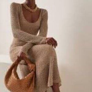 NWT By Malene Birger Woman Evine Beige Linen Cotton Blend Mesh Maxi Dress
